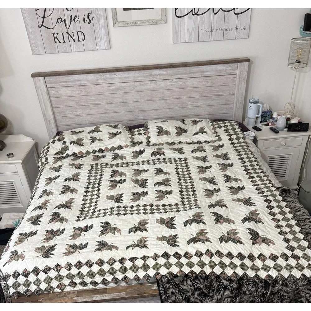 Vtn Handmade Quilt Full Leaves 100% Cotton Cream Sage With Two Shams 76